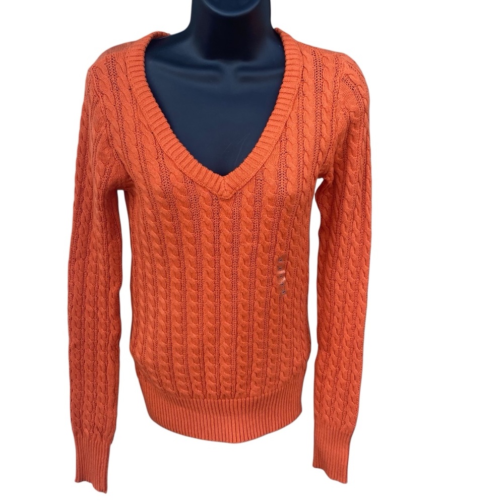 Arizona Jeans Ladies Orange Cable‎ Knit V-Neck Sweater Fall Winter Casual Medium